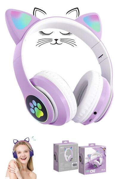 Favors Kedi Figürlü Kulaküstü Bluetooth Kulaklık Kedicikli Patili Işıklı Blue...
