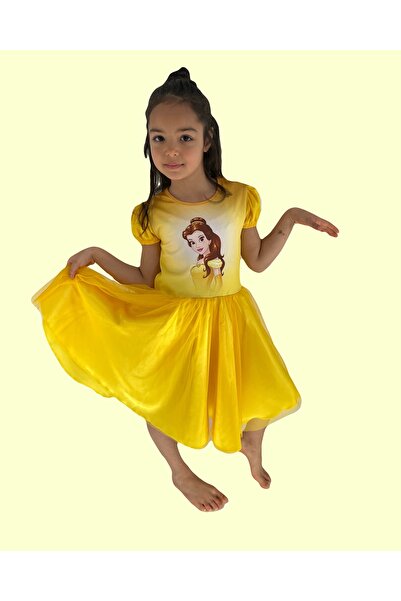 Moni Kız Çocuk Prenses Belle Baskılı, Tüllü Kiloş Etekli, Kaliteli Yazlık Elbise