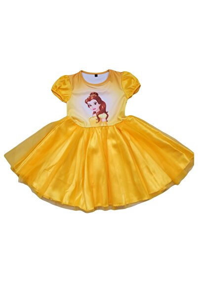 Moni Kız Çocuk Prenses Belle Baskılı, Tüllü Kiloş Etekli, Kaliteli Yazlık Elbise