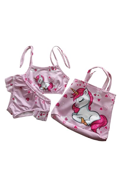 Alis Kids Store Kız Çocuk 3 Parça Çantalı Unıcorn Baskılı Bikini Takımı