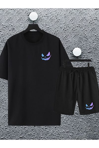 macklin Unisex Ανδρικό πολύχρωμο χαμογελαστό πρόσωπο με στάμπα υπερμεγέθη μπλουζάκι και σορτς αθλητική φόρμα
