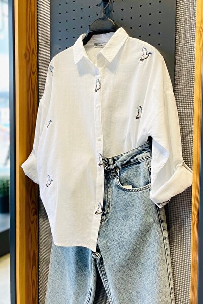 FEMELLE Kadın Beyaz Yeni Sezon Kuş Nakış İşlemeli %100 Pamuk Oversize Geniş K...