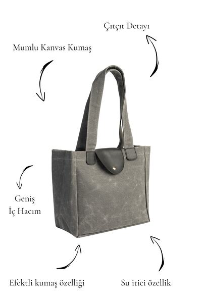 Üçler Çanta Medium Size Shoulder Bag Tote Bag with Waxed Canvas Effect