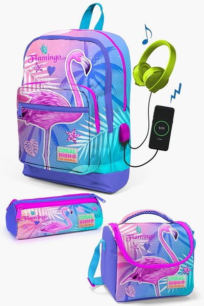 Coral High Set de geanți de școală pentru copii, lavandă, roz, cu model flamingo, 3 piese, cu USB