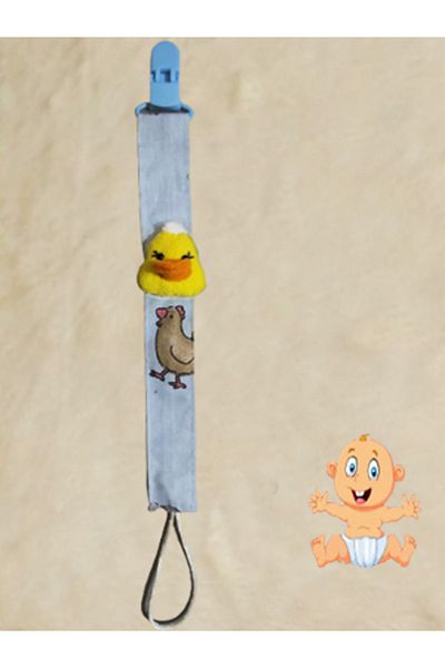 CEBECİ TİCARET Pacifier Strap Chain Set - Pacifier Holder - Baby Gift Cotton Fabric 25 Cm Yellow Duck Model
