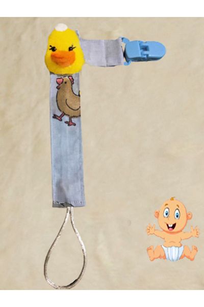 CEBECİ TİCARET Pacifier Strap Chain Set - Pacifier Holder - Baby Gift Cotton Fabric 25 Cm Yellow Duck Model
