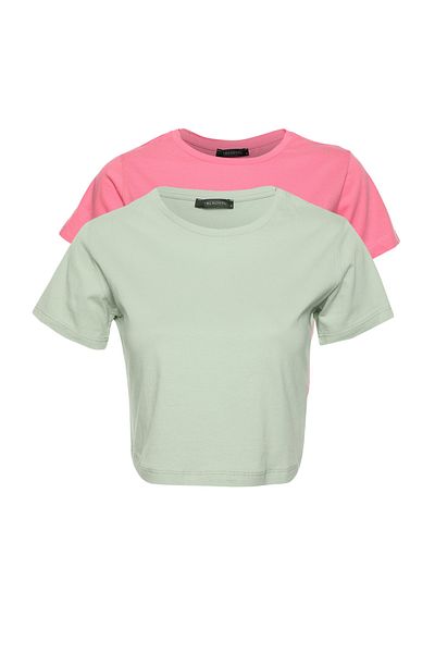 Trendyol Collection Πλεκτό T-Shirt Pink-Mint 100% Cotton Crew 2-pack Crop TWOSS20TS1480