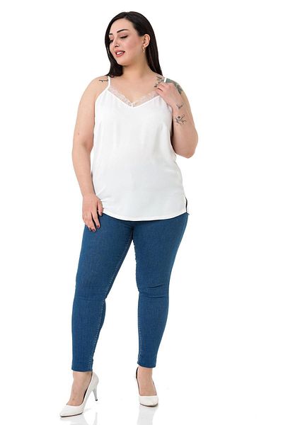 DISENTIS MODEST Plus Size White Blouse with Lace Collar and Adjustable Thin Straps