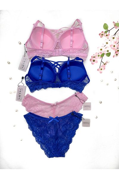 Vienna Underwear طقم حمالة صدر نسائية مبطنة من الدانتيل مكونة من قطعتين باللون الأزرق (SAKS) - وردي مسحوق - حزمة مهر - علبة هدايا
