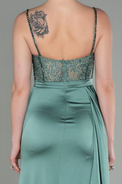 Abiyefon Turquoise Long Satin Evening Dress - Stone Detailed, Transparent Dress Abu2130