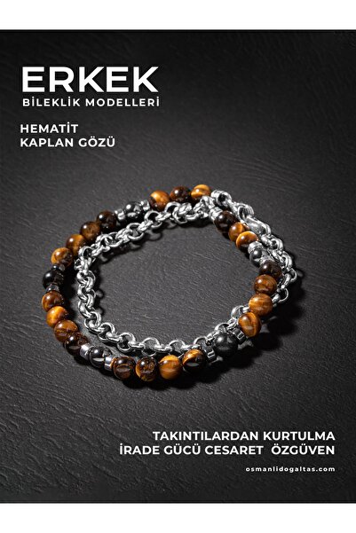 OSMANLI DOĞAL TAŞ SERTİFİKALI KAPLAN GÖZÜ HEMATİT DOĞAL TAŞLI ÇİFT ZİNCİR 925...
