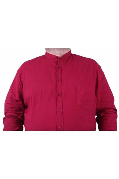 Starbattal Men's Large Size Lycra Linen High Collar Pocket Shirt 11308 Claret Red