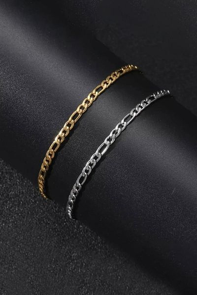 The Collection Set of 2 Unisex Stainless Tarnish Stainless Steel Gold and Silver Figaro Chain Bracelet (2 Pieces of Steel Bracelet)