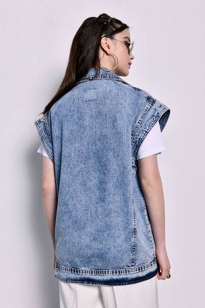 fehika Women's Comfortable Wide Fit Shirt Collar Seasonal Button-Front Blue Snow Washed Denim Vest