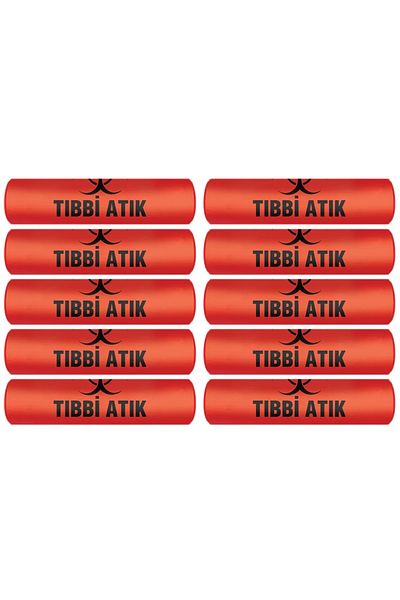 EYMARMARKET Medical Waste Bag Medium Size 55x60 cm 300 gr 10 Rolls x 10 Pack = 100 Pieces (Red-Black Printed)
