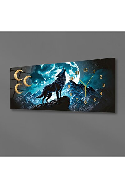 marpanya 3 Hilal ve Bozkurt Yatay Saatli Yandan Vatan Temalı Cam Tablo 018