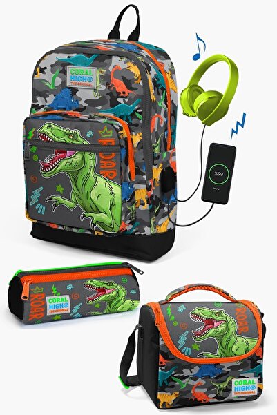 Coral High Kids Siyah Gri Dinozor Desenli USB'li 3’lü Okul Çanta Seti SET0123844