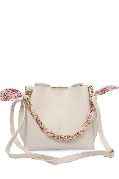 Bagfoni Eșarfă Crocos crem și accesoriu cu lanț Piele moale 3 compartimente Geantă de mână și geantă de umăr elegantă și elegantă
