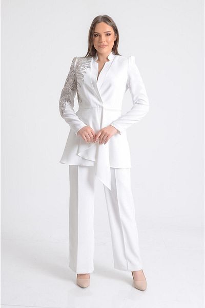 SpringStore White Single Shoulder Embroidered Suit