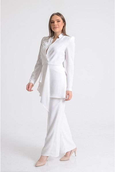 SpringStore White Single Shoulder Embroidered Suit