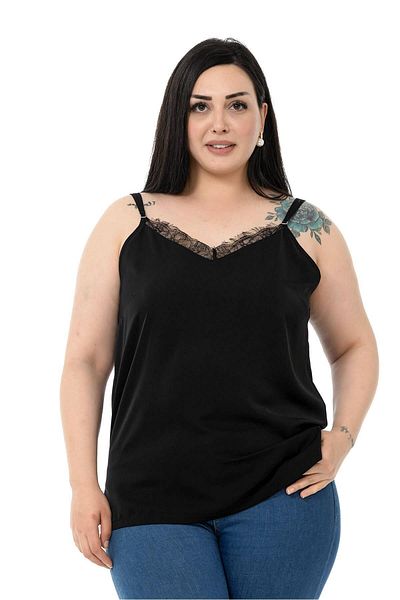 DISENTIS MODEST Plus Size Lace Collar Adjustable Thin Strap Black Blouse
