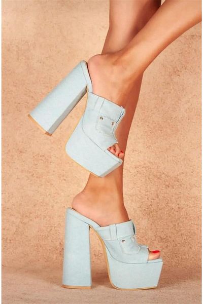 FS KOMBİN Papuci cu toc cu platformă Tati Ice Blue Denim