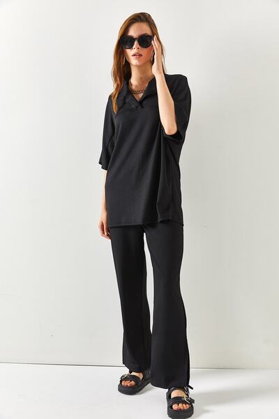 Olalook Dámská černá souprava kalhot s horním střihem a spodním rozparkem TKM-19000185