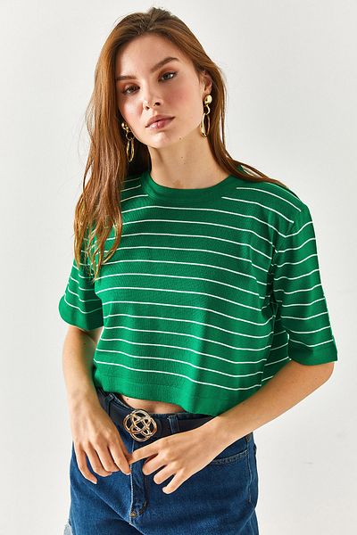 Olalook Γυναικεία πλεκτά μπλούζα Grass Green Crew Neck ριγέ Crop BLZ-19002353