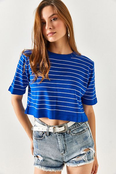 Olalook Γυναικεία Saks Blue Crew Neck ριγέ πλεκτά μπλούζα Crop BLZ-19002353