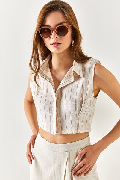 Olalook Cămașă din in, cu dungi, căptușită cu cafea, pentru femei GML-19001133