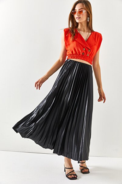 Olalook Γυναικεία μίντι φούστα καμπάνα μαύρη πλισέ ETK-19000247