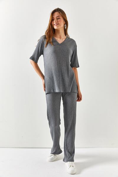 Olalook Dámský antracitový vrchní díl Palazzo Corded Suit s výstřihem do V TKM-19000212