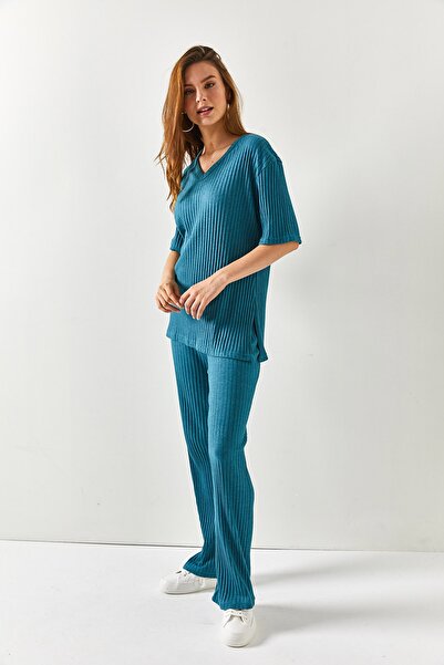 Olalook Damski garnitur w kolorze benzyny, z dekoltem w kształcie litery V i dołem, ze sznurkiem Palazzo TKM-19000212