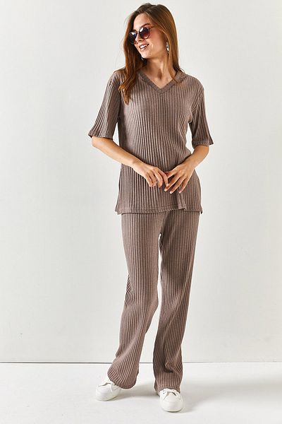 Olalook Women's Mink Top V-neck Bottom Palazzo Corded Suit TKM-19000212