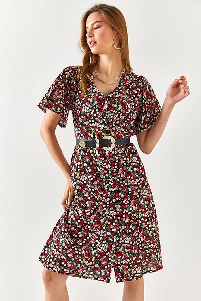 Olalook Women's Black V-Neck Belted Bell Shirt Dress ELB-19001930