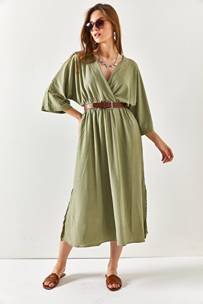 Olalook Γυναικείο Χακί Διπλό γιακά Σχισμές Νυχτερίδας στα Πλαϊνά Μίντι Φόρεμα ELB-19001931