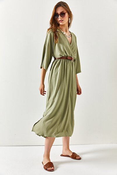 Olalook Γυναικείο Χακί Διπλό γιακά Σχισμές Νυχτερίδας στα Πλαϊνά Μίντι Φόρεμα ELB-19001931