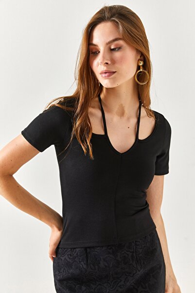 Olalook Γυναικεία Μαύρη Roba Cross Crepe Μπλούζα BLZ-19002346