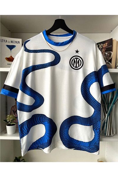 Black Sokak Blacksokak ανδρικό μπλουζάκι με λαιμόκοψη Inter Oversize με λευκό φίδι