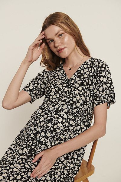 LYN MAMA ROSS V-Neck Short Sleeve Black Maternity Dress with Breastfeeding Features