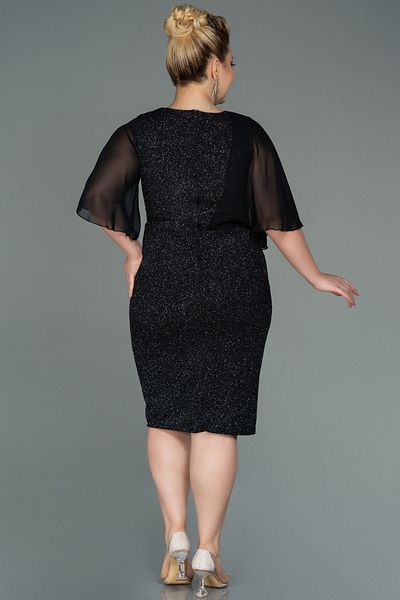 Abiyefon Black-Silver Chiffon Short Sleeve Glitter Midi Plus Size Evening Dress ABK1567