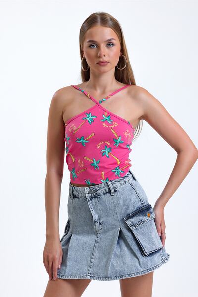 Alexa Dash Çapraz Askılı Desenli İnce Crop Bluz IHR-U-2