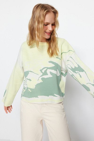 Trendyol Collection Żółty sweter z dzianiny z okrągłym dekoltem i wzorem - Twoaw24Kz00128