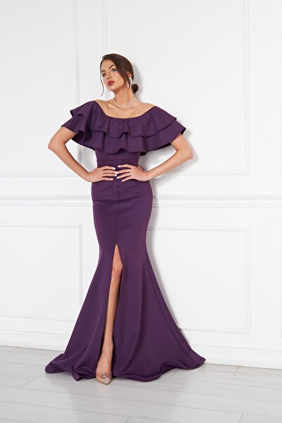 Bidoluelbise فستان سهرة نسائي طويل بفتحة رقبة كارمن من القماش المرن بدون أكتاف