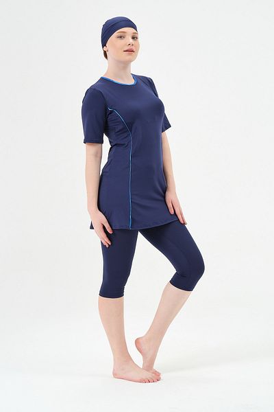 vawensea Women's Half Sleeve Solid Color Patterned Hijab Swimsuit Navy Blue (WIDE SIZE RANGE)