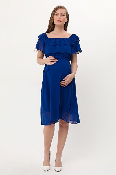 Azra Style فستان الأمومة بياقة مكشكشة من الشيفون مع حزام 8000