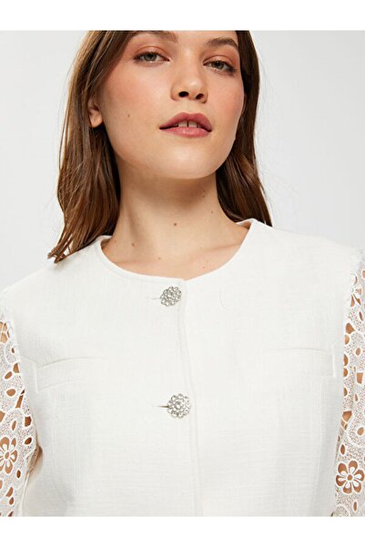 Faik Sönmez Μεγάλο μέγεθος μανίκι λεπτομερές εκρού γυναικείο μπουφάν από 100% βαμβάκι U66227