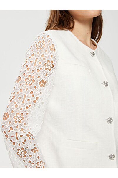 Faik Sönmez Μεγάλο μέγεθος μανίκι λεπτομερές εκρού γυναικείο μπουφάν από 100% βαμβάκι U66227