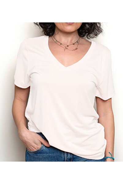 SİSTERS2HC Бяла тениска с къс ръкав и V-образно деколте, свободна кройка