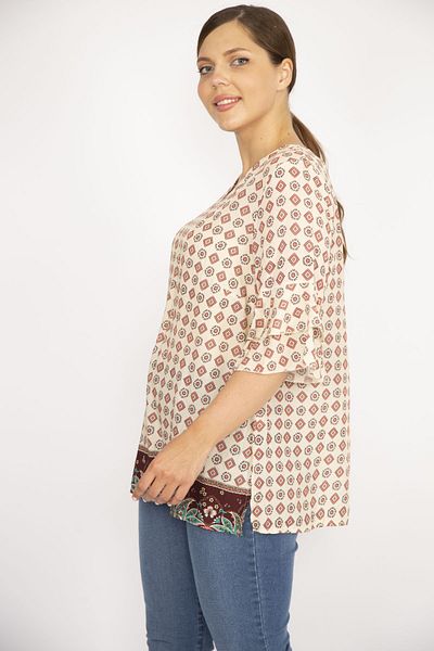 Şans Women's Colorful Plus Size Woven Viscose Fabric Flounce Sleeve Patterned Blouse 65n36519